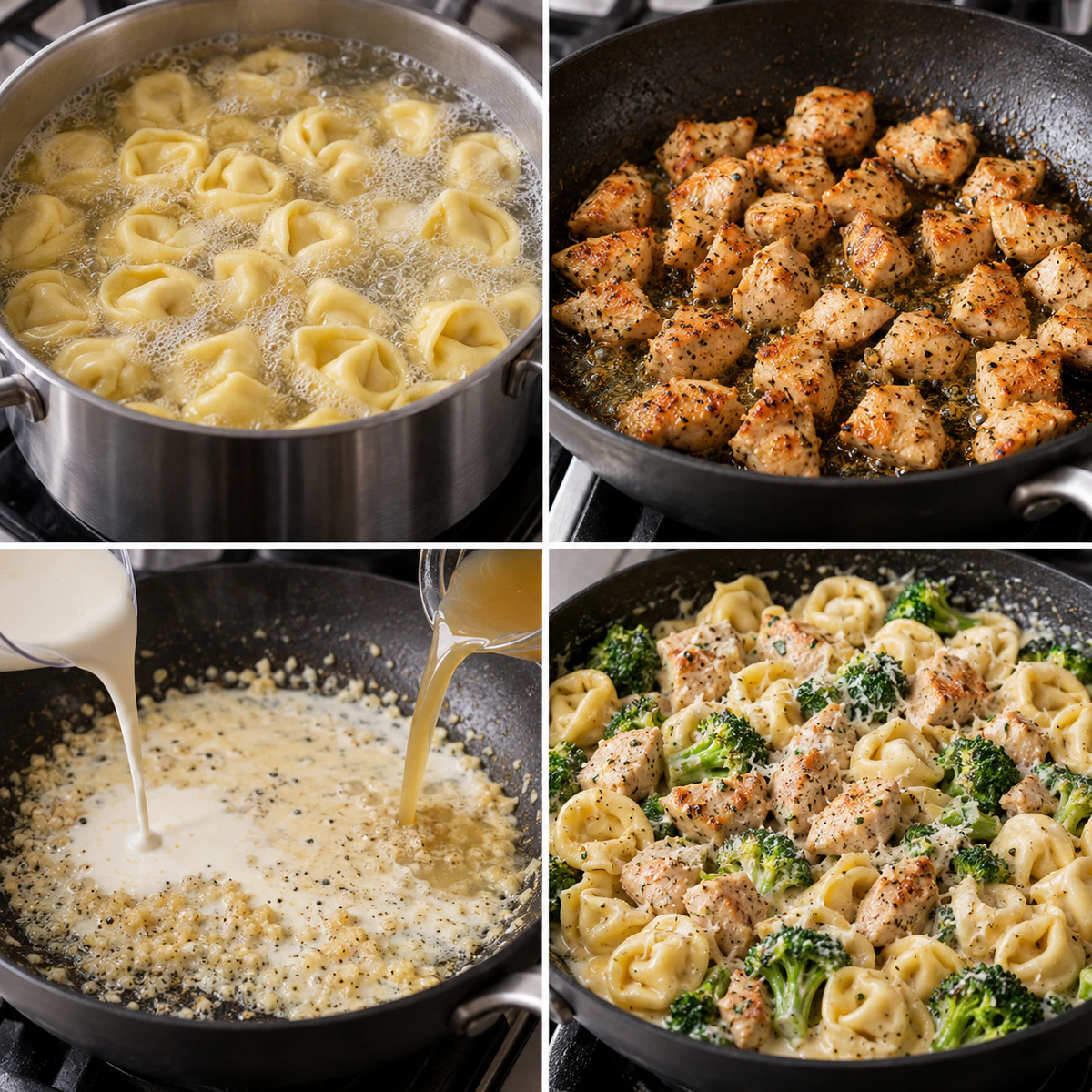 Four chronological preparation stages for Garlic Parmesan Chicken Tortellini