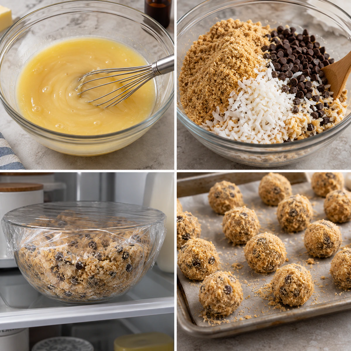 Four chronological preparation stages for Fun No-Bake Cookie Balls