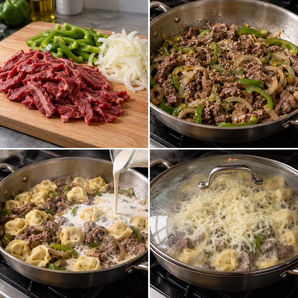 Four chronological preparation stages for Quick Steak & Pasta Skillet