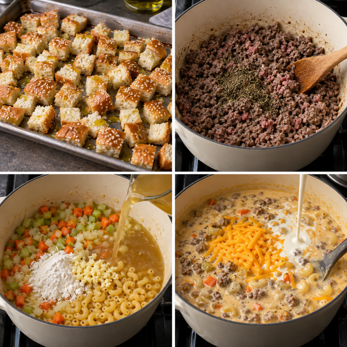Four chronological preparation stages for Cheeseburger Mac Soup