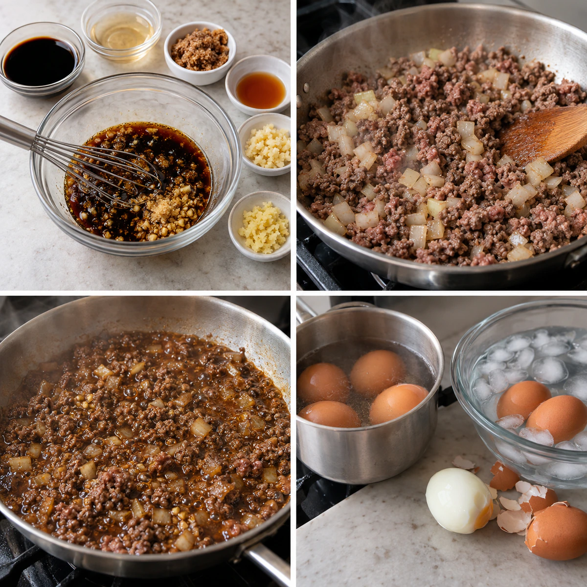 Four chronological preparation stages for Quick Korean-Style Beef Bowl
