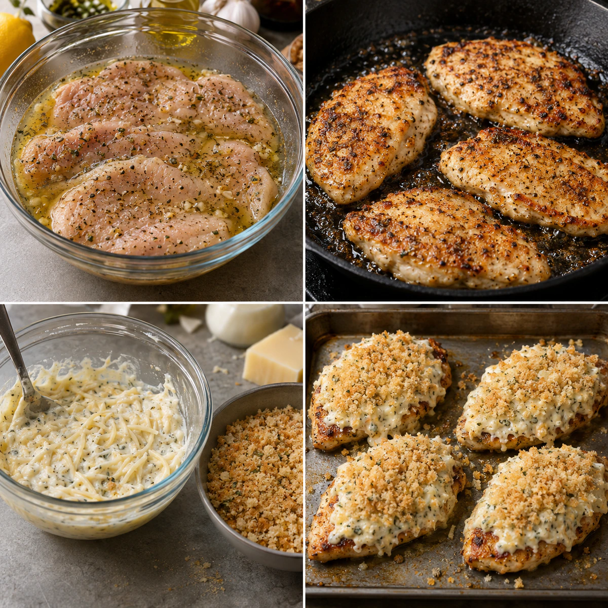 Four chronological preparation stages for Restaurant-Style Crusted Chicken
