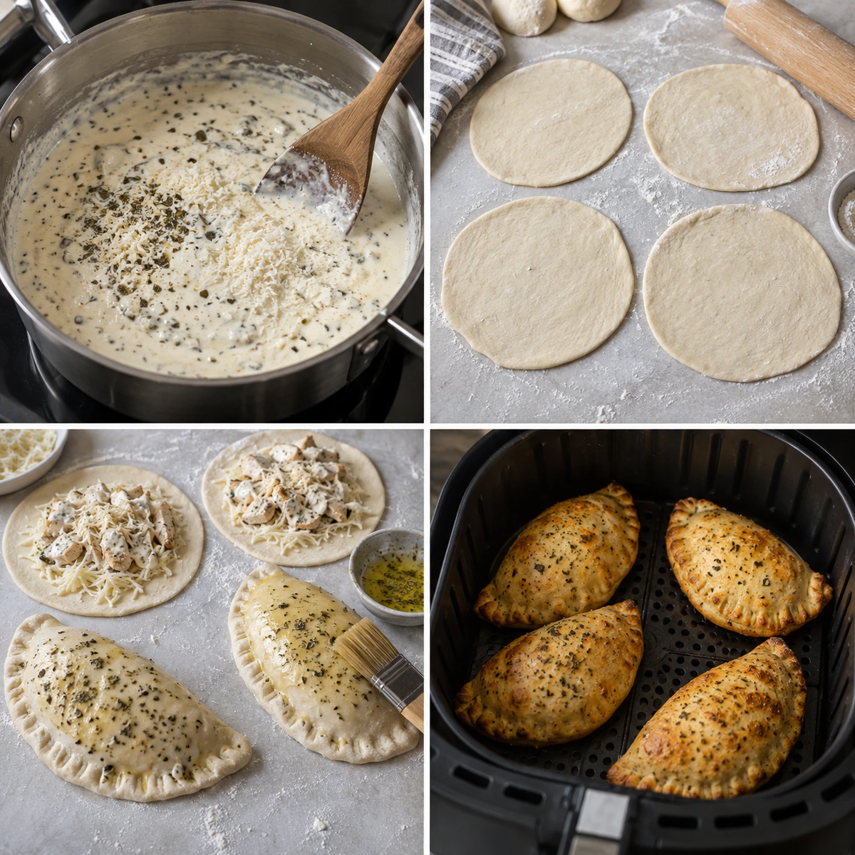 Four chronological preparation stages for Cheesy Chicken Pockets