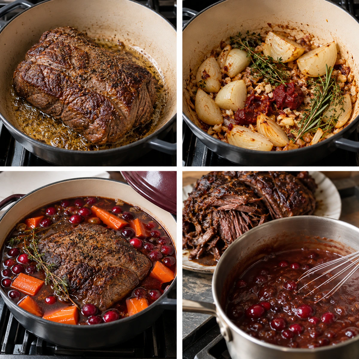 Four chronological preparation stages for Holiday Balsamic Beef