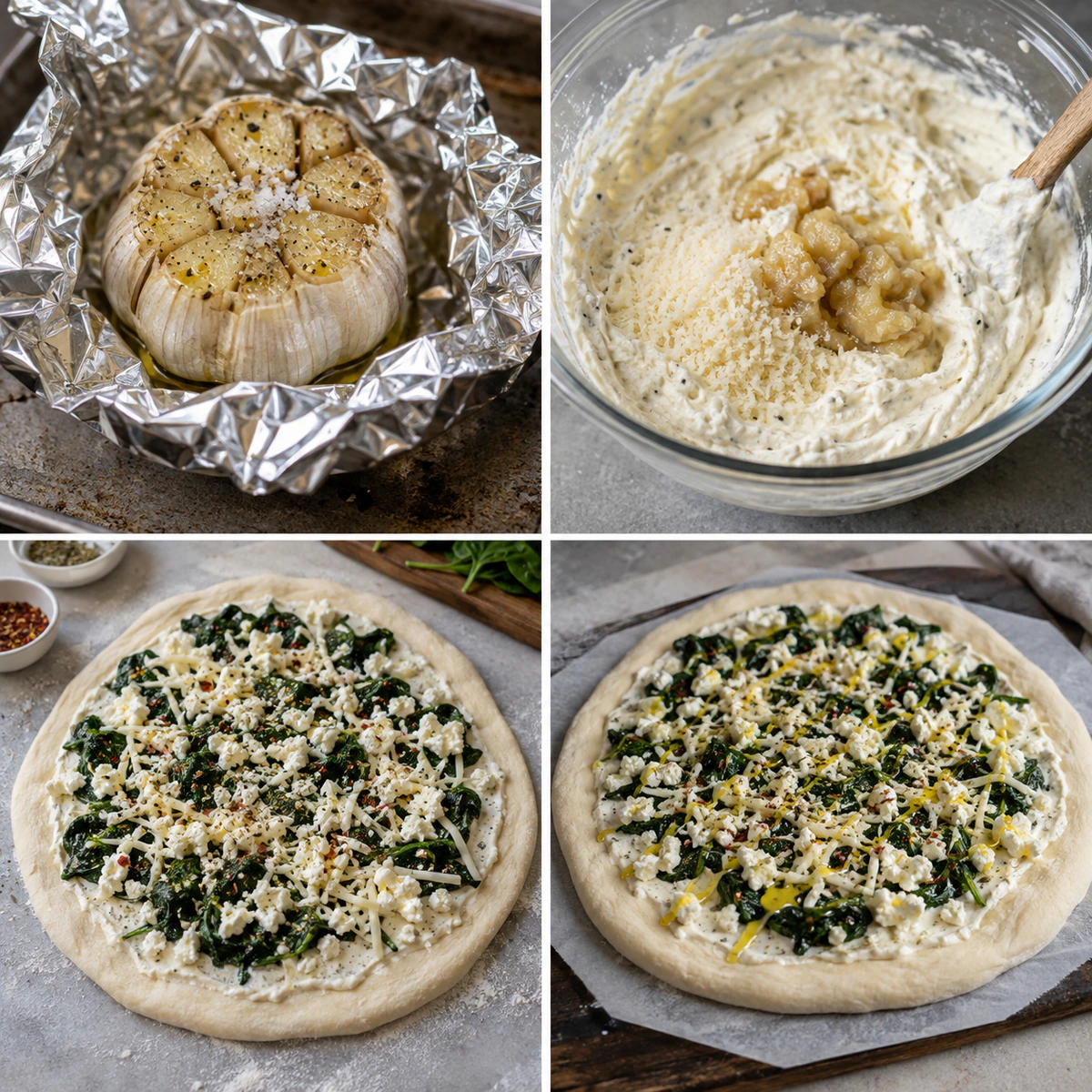 Four chronological preparation stages for Mediterranean White Pizza