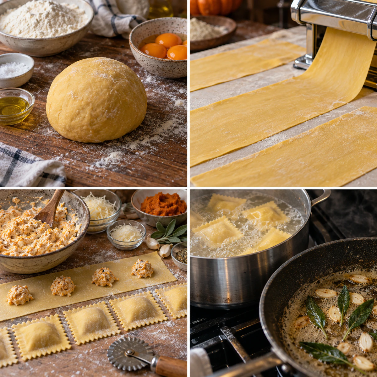 Four chronological preparation stages for Fresh Pumpkin Brown Butter Pasta