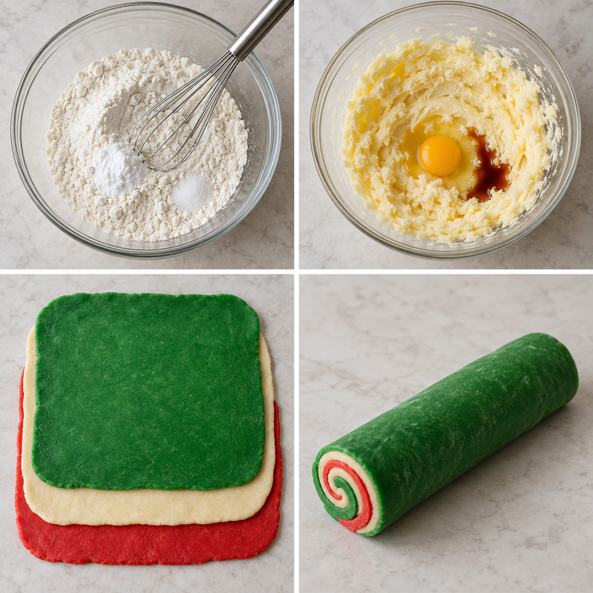 Four chronological preparation stages for Festive Swirled Holiday Cookies