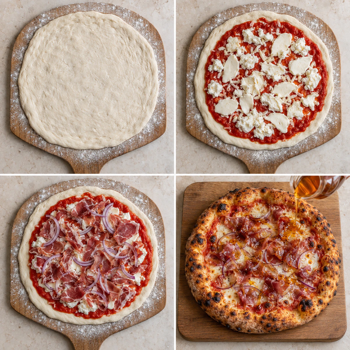 Four chronological preparation stages for Gourmet Pizza Classic