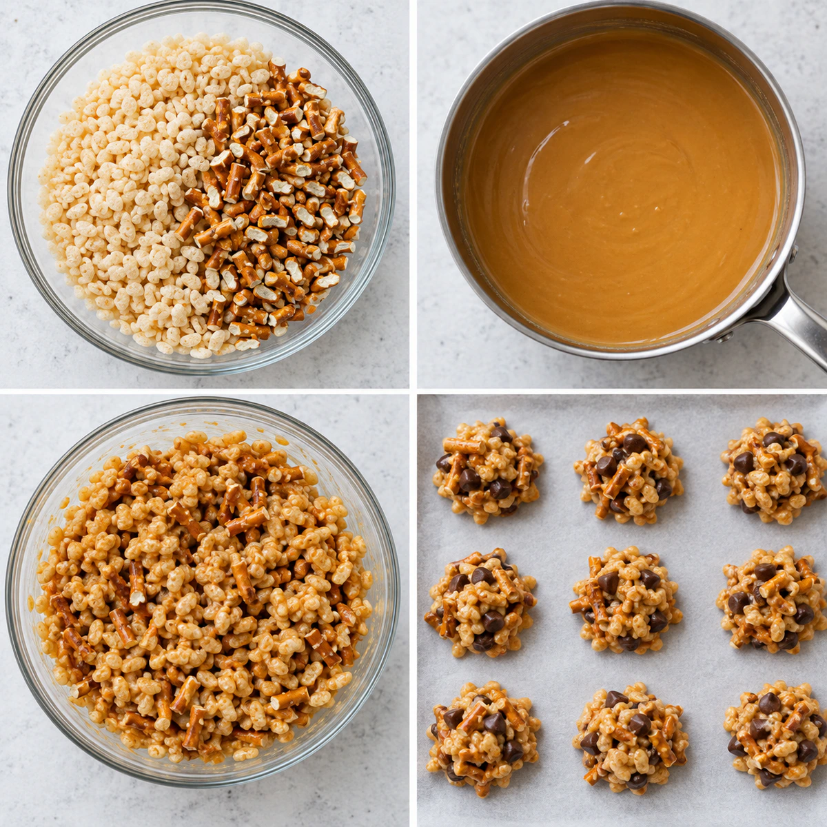 Four chronological preparation stages for Easy No-Bake Treats