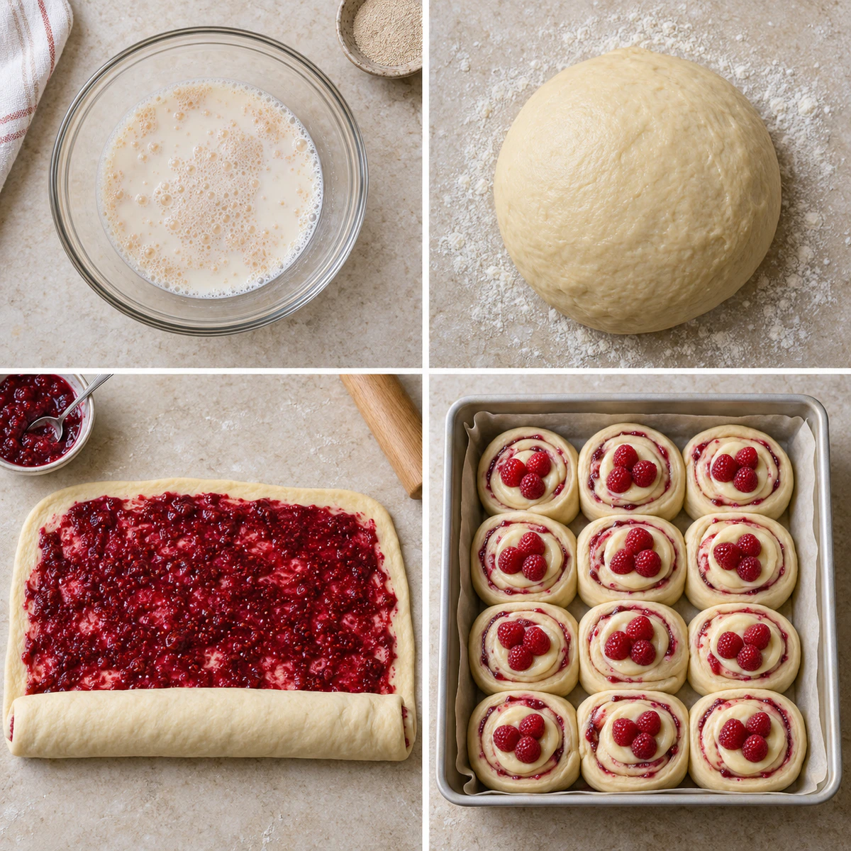 Four chronological preparation stages for Danish Sweet Treat