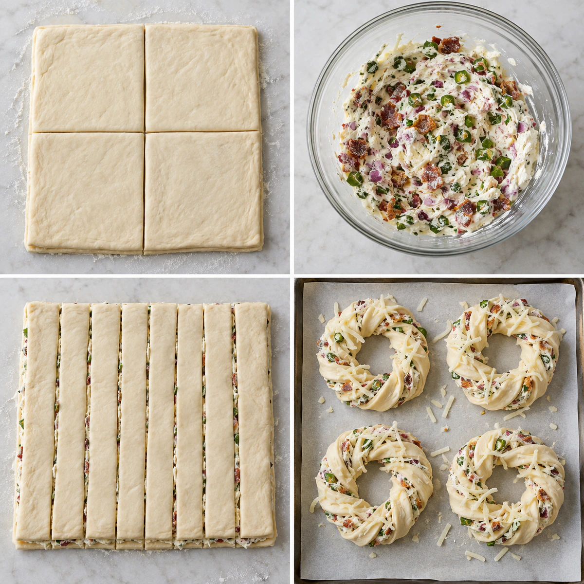 Four chronological preparation stages for Cheesy Party Bites