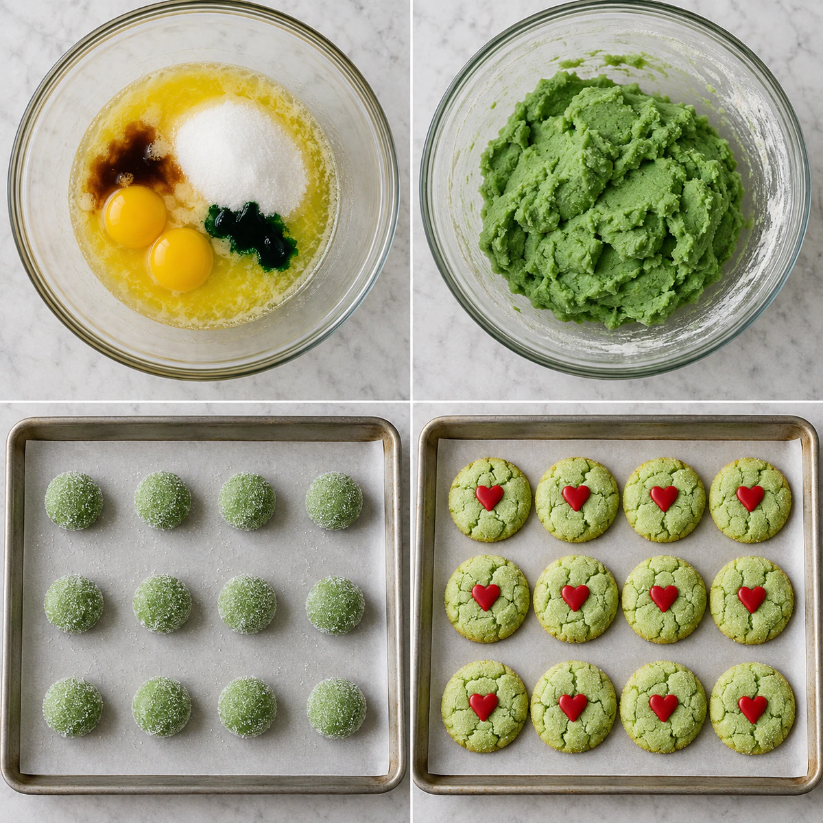 Four chronological preparation stages for Green Heart Sugar Cookies