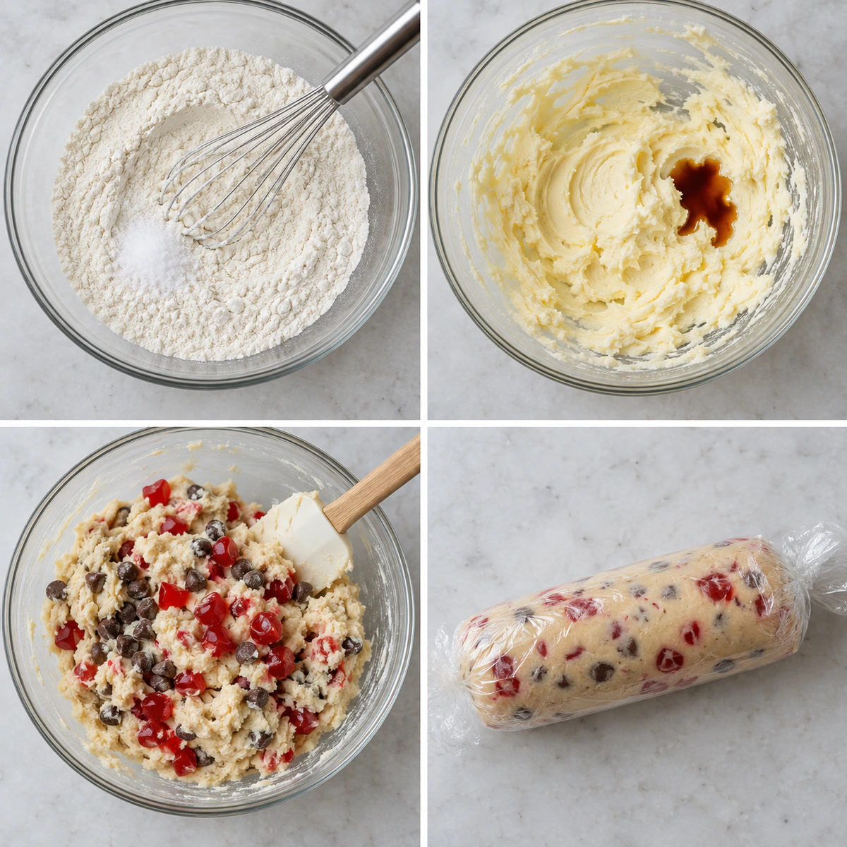 Four chronological preparation stages for Cherry Chocolate Shortbread