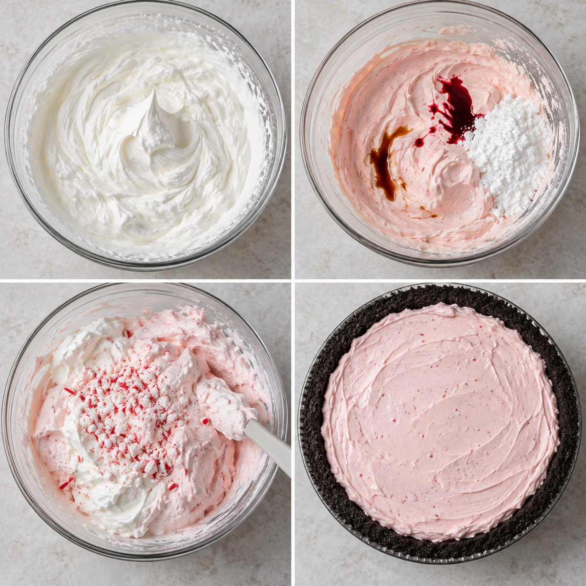Four chronological preparation stages for Cool Holiday Dessert