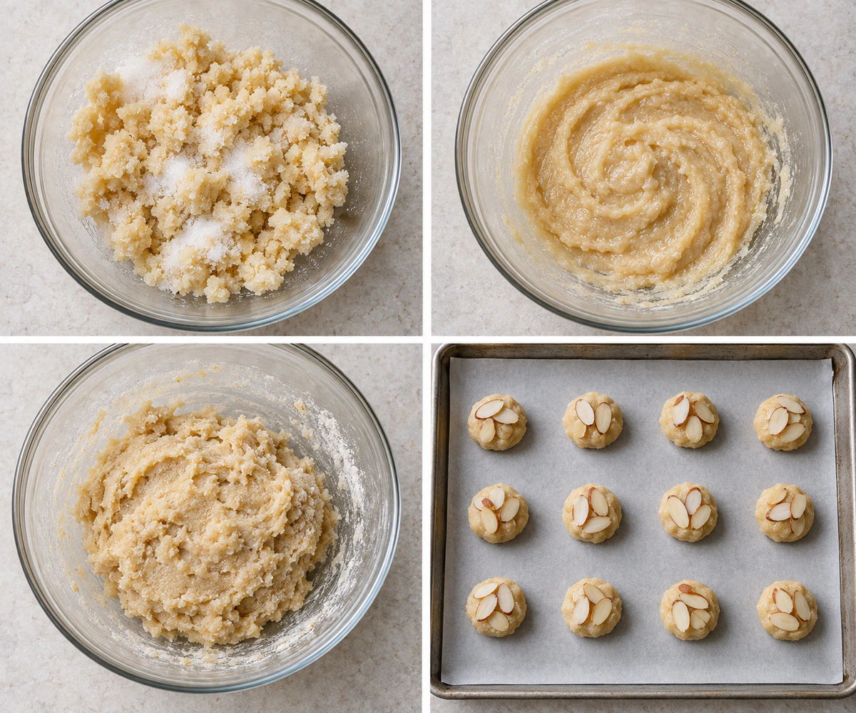 Four chronological preparation stages for Holiday Almond Treats