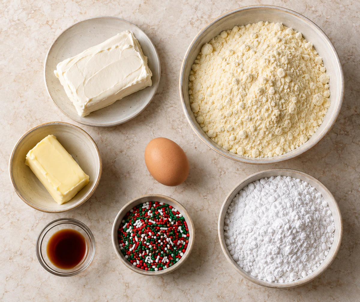 Exact measured ingredients for Festive Cream Cheese Cookies