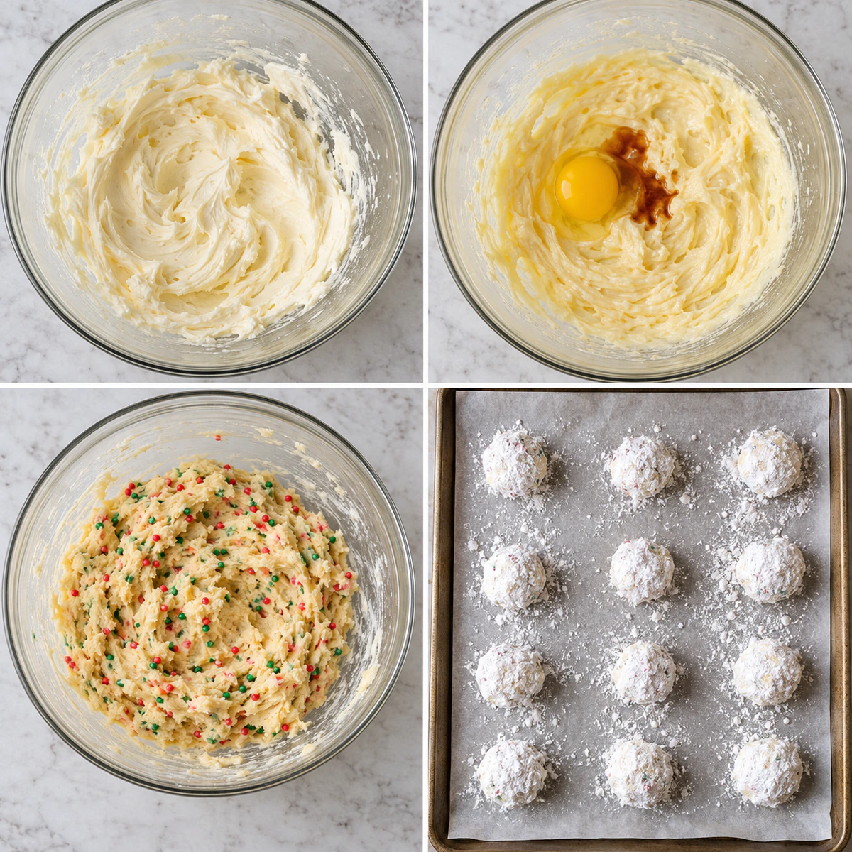 Four chronological preparation stages for Festive Cream Cheese Cookies