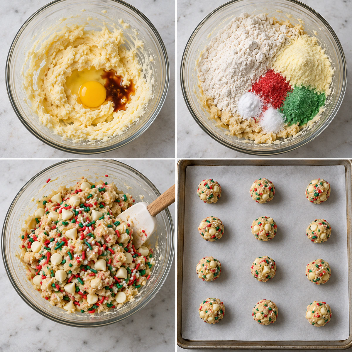 Four chronological preparation stages for Soft Red and Green Cookies