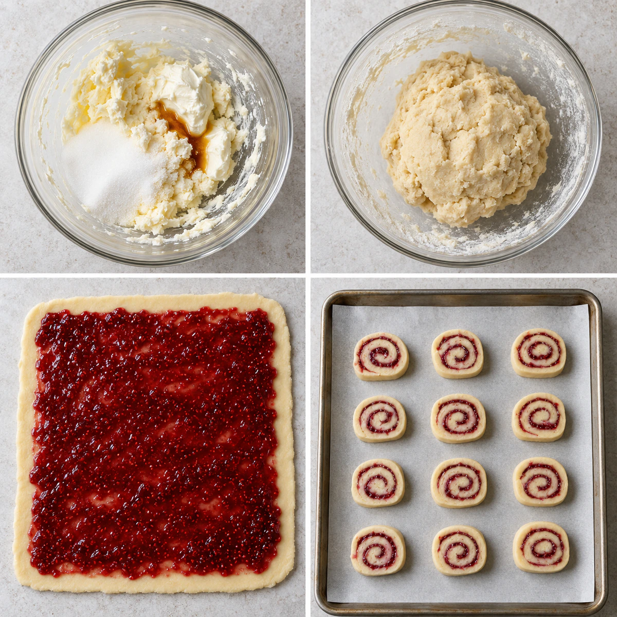Four chronological preparation stages for Swirled Jam Cookie Rolls