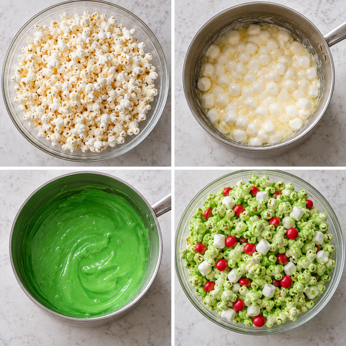 Four chronological preparation stages for Green Holiday Popcorn Treat