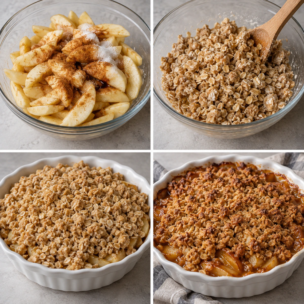 Four chronological preparation stages for Easy Baked Apple Dessert