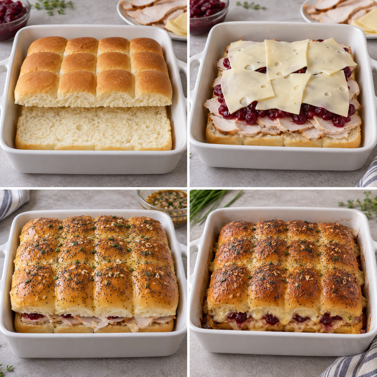 Four chronological preparation stages for Easy Party Turkey Sliders