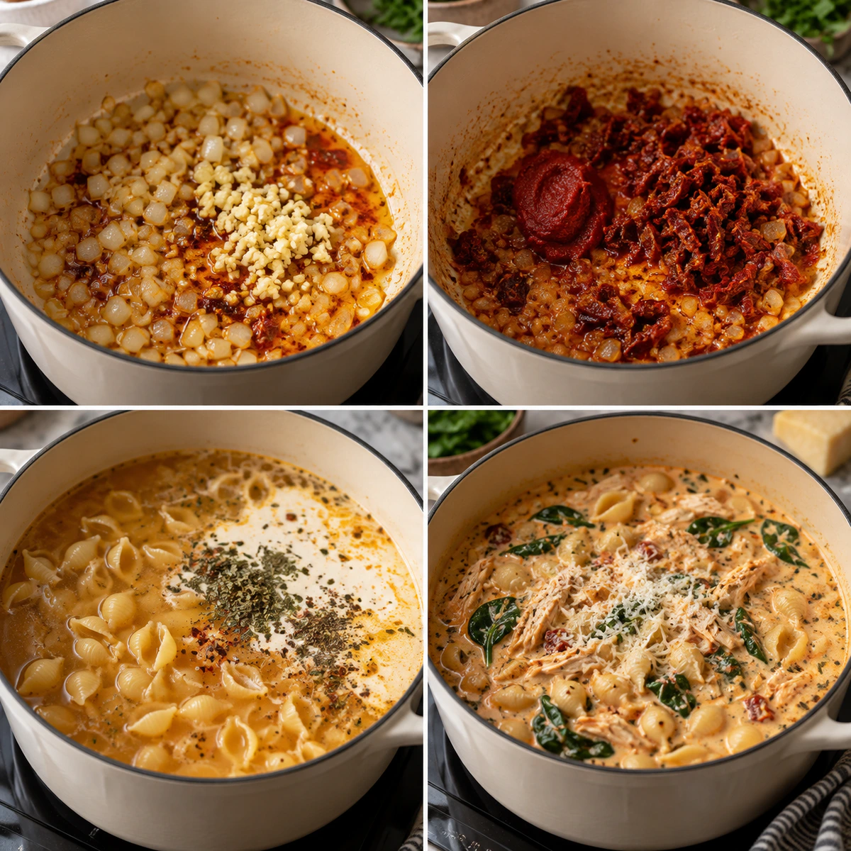 Four chronological preparation stages for Creamy Italian Chicken Soup