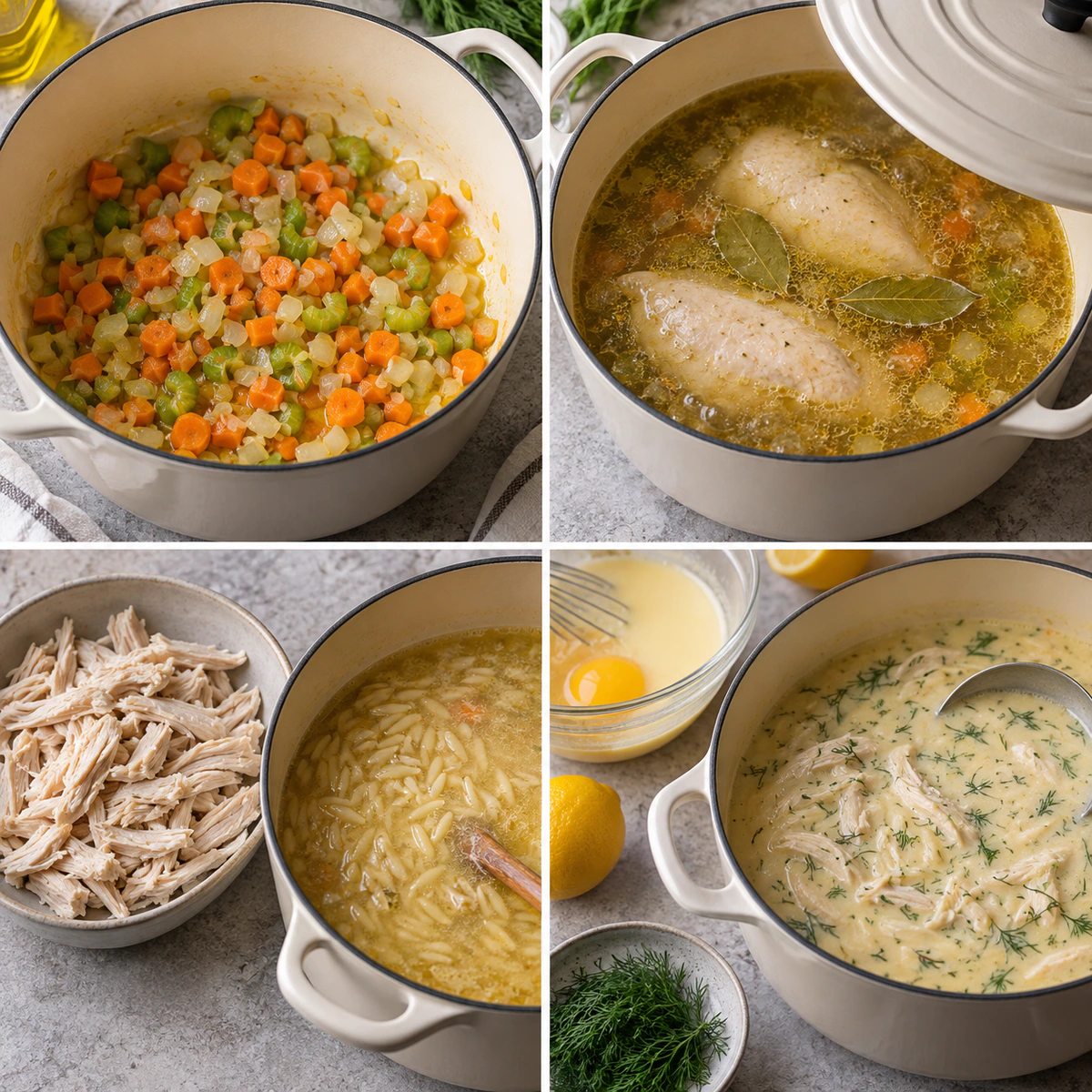 Four chronological preparation stages for Creamy Greek Lemon Soup