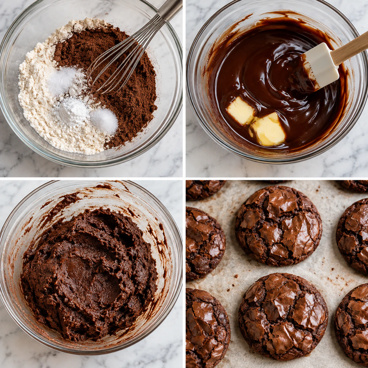 Four chronological preparation stages for Rich Chocolate Crinkle Cookies