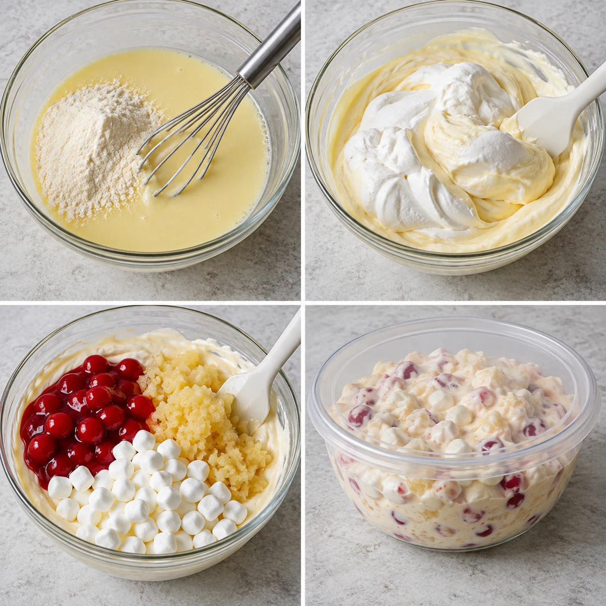 Four chronological preparation stages for Sweet Dessert Salad