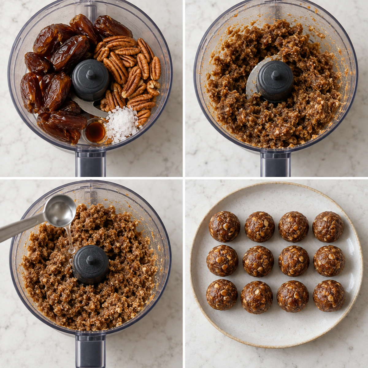 Four chronological preparation stages for Quick Date Pecan Bites