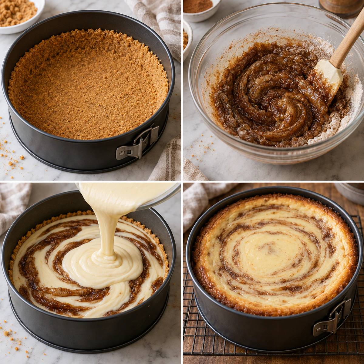 Four chronological preparation stages for Sweet Swirled Dessert