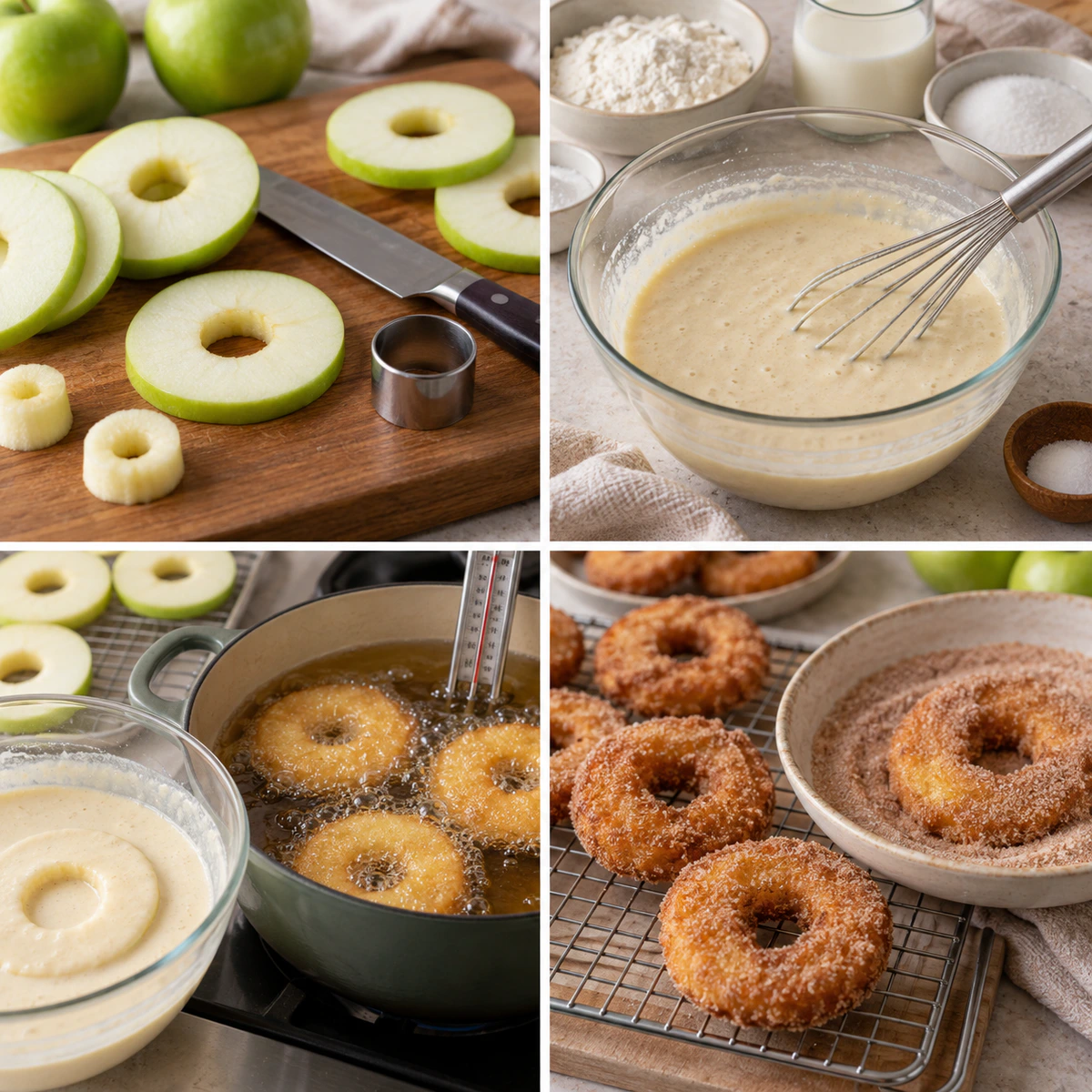 Four chronological preparation stages for Sweet Apple Ring Donuts