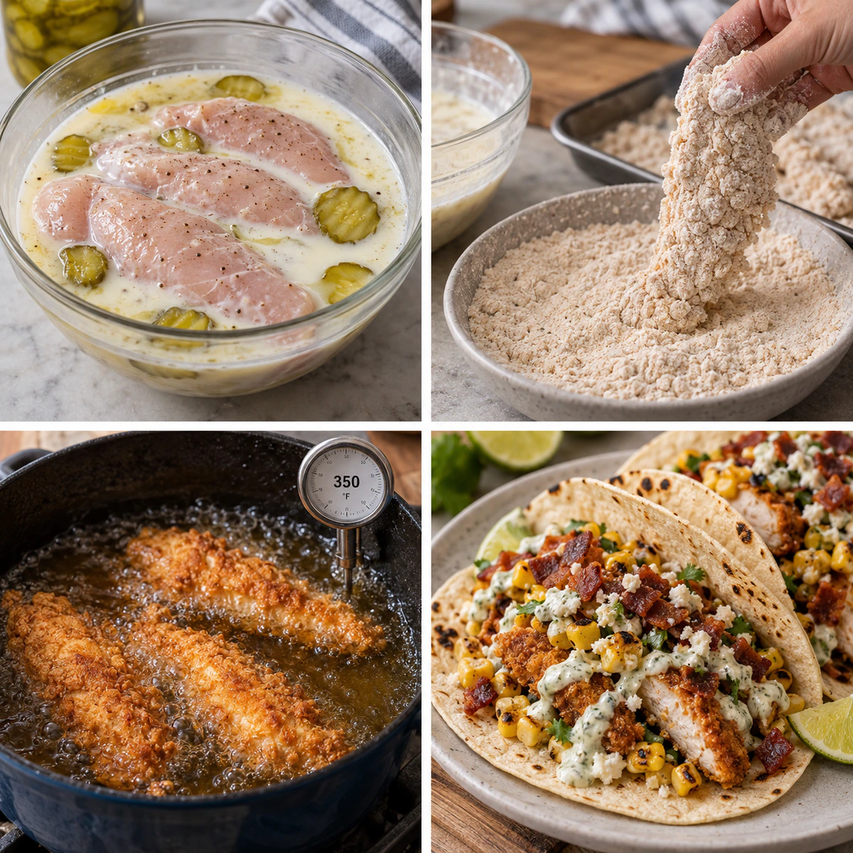 Four chronological preparation stages for Crispy Chicken Elote Tacos