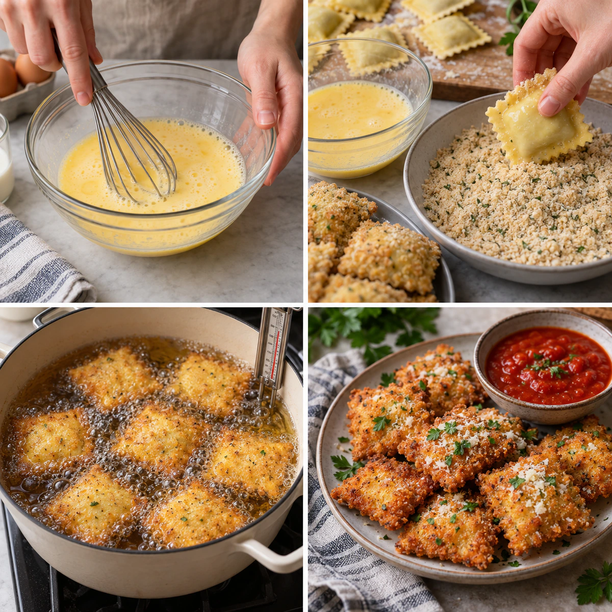Four chronological preparation stages for Crispy Parmesan Ravioli