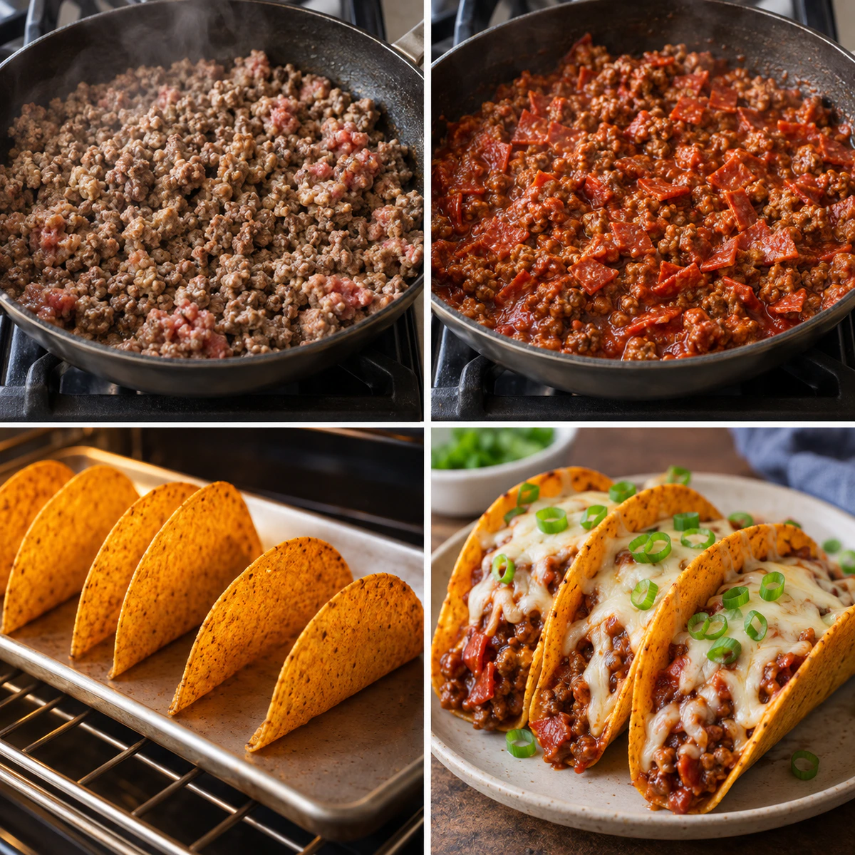 Four chronological preparation stages for Cheesy Pizza-Style Tacos