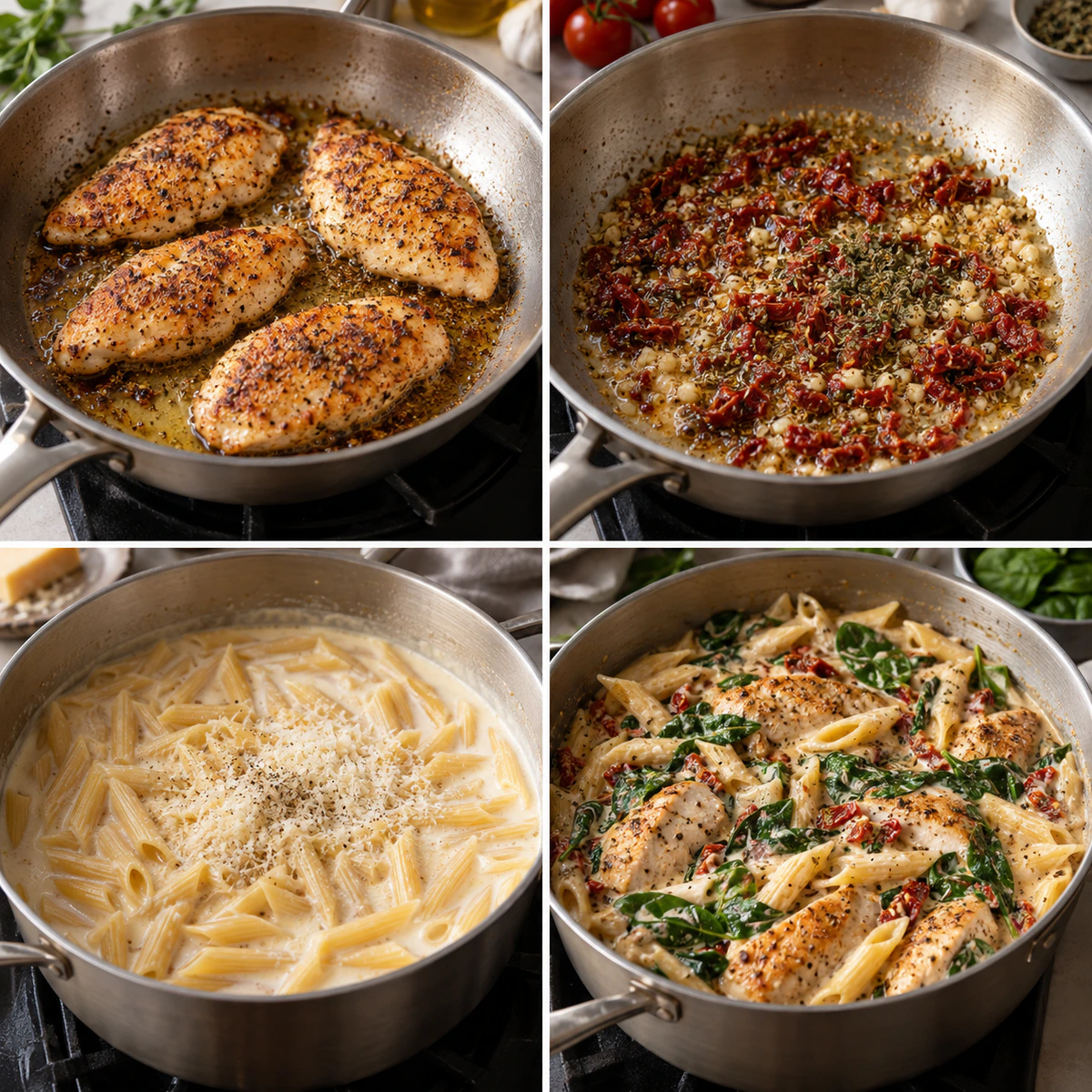 Four chronological preparation stages for One-Pot Italian Chicken Pasta