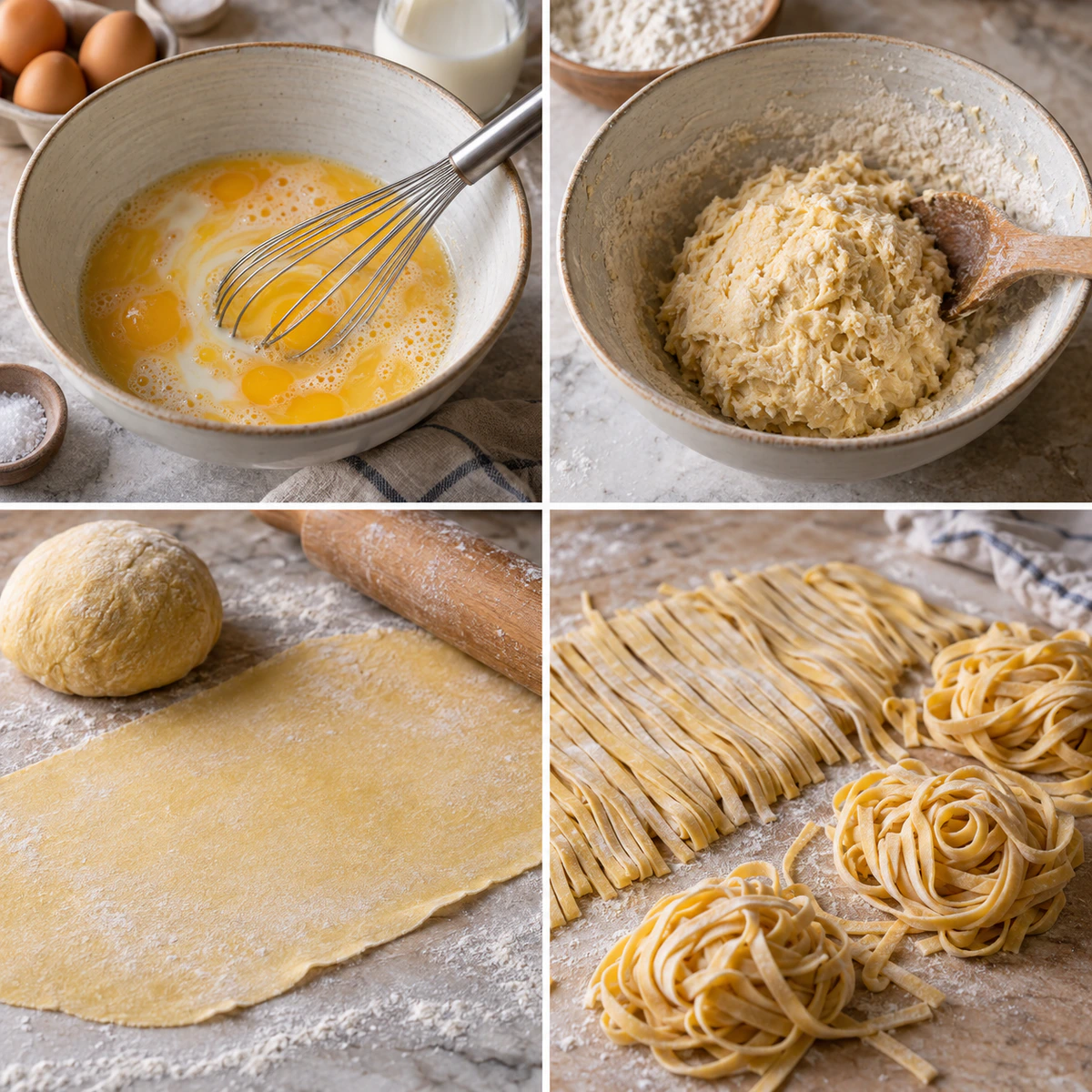 Four chronological preparation stages for Simple Fresh Pasta