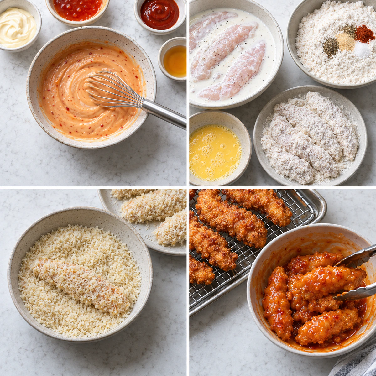 Four chronological preparation stages for Crispy Spicy Chicken Strips