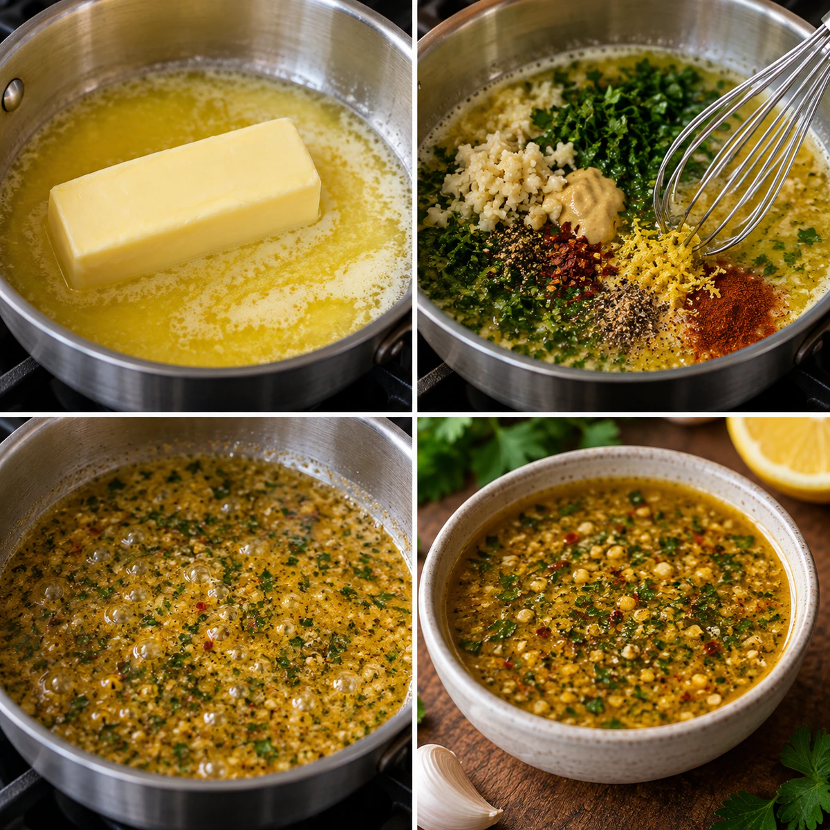 Four chronological preparation stages for Spicy Herb Butter Sauce