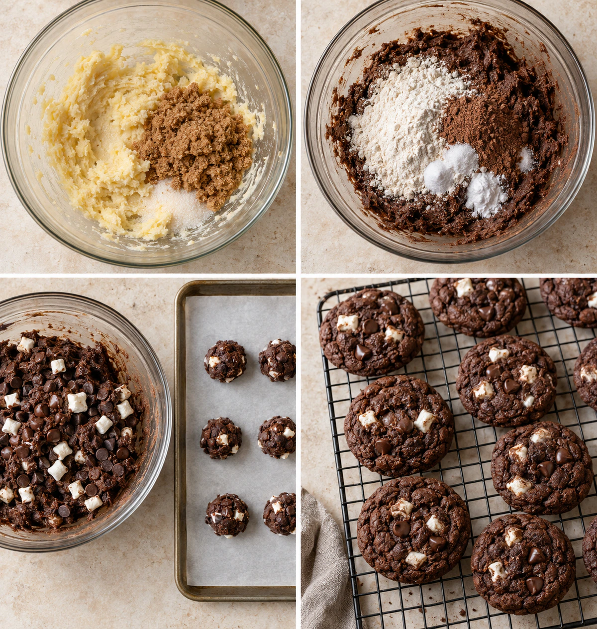 Four chronological preparation stages for Sweet Cocoa Cookies