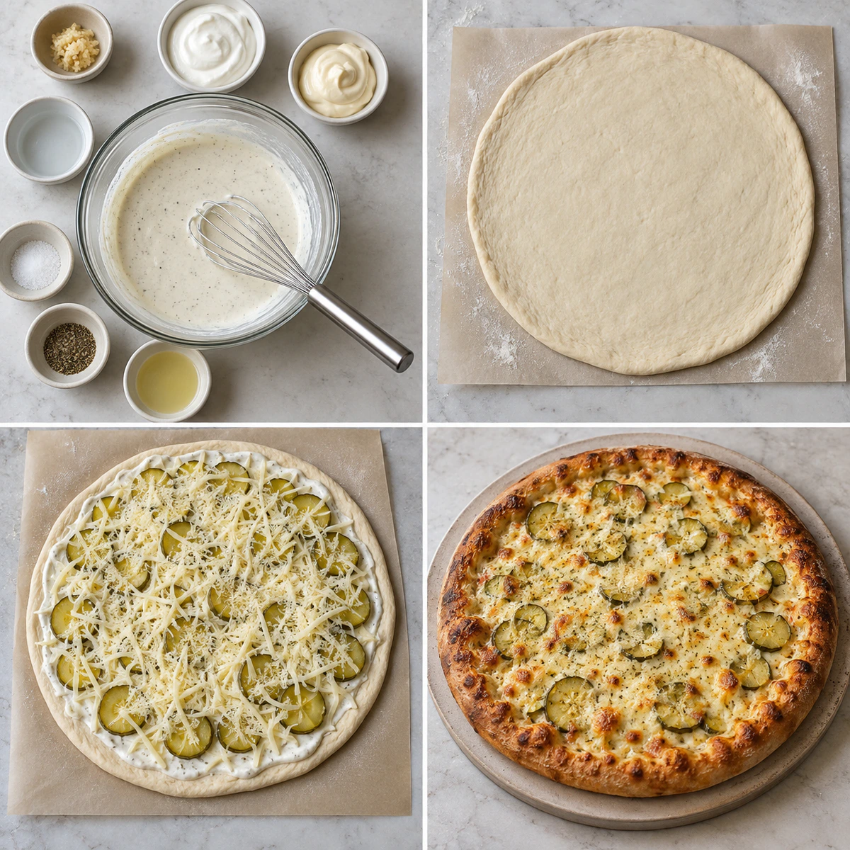 Four chronological preparation stages for Garlic Dill Pizza