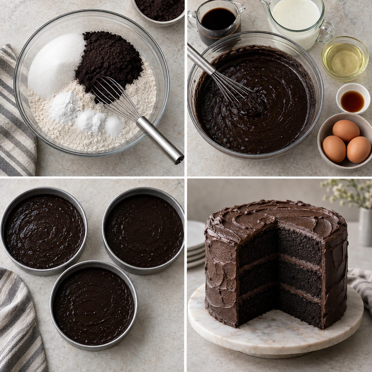 Four chronological preparation stages for Dark Chocolate Layer Cake