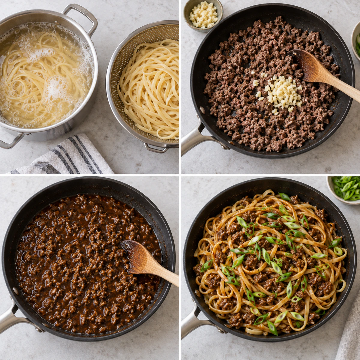 Four chronological preparation stages for Quick Asian Beef Noodles