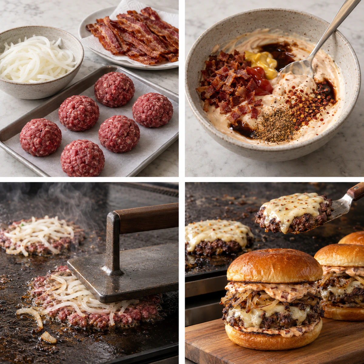 Four chronological preparation stages for Best Bacon Smash Burger