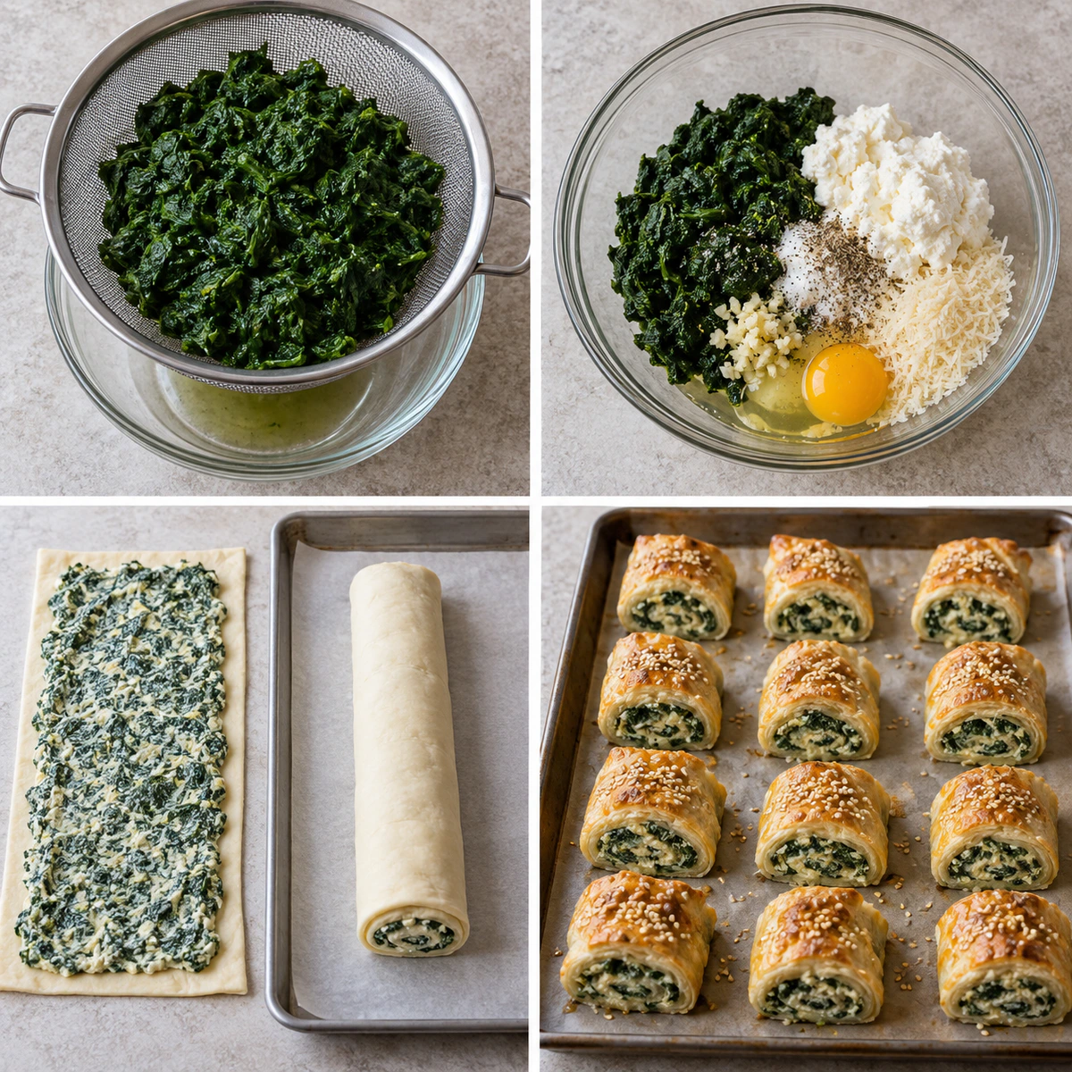 Four chronological preparation stages for Best Savory Pastry Rolls