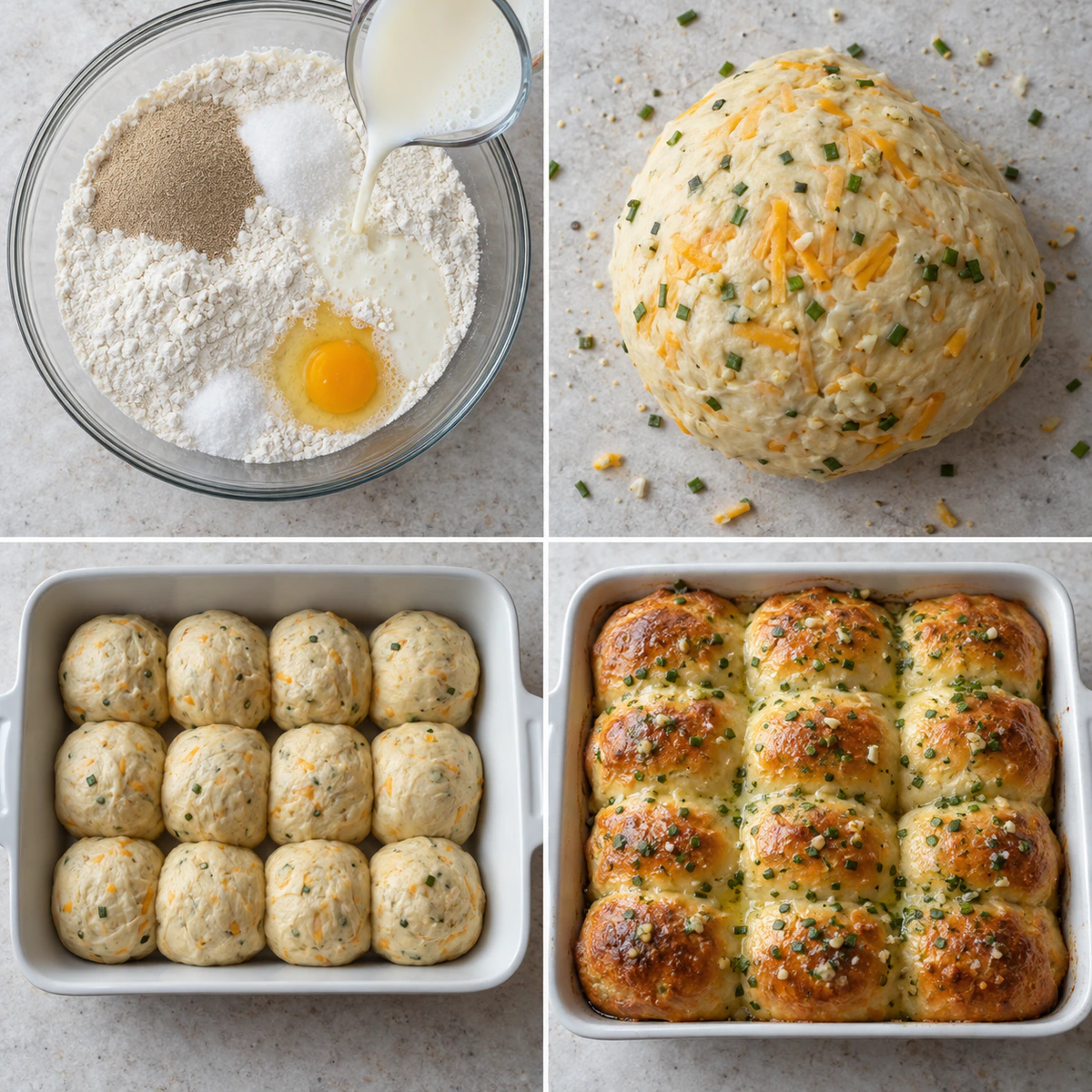 Four chronological preparation stages for Fresh Baked Cheese Rolls