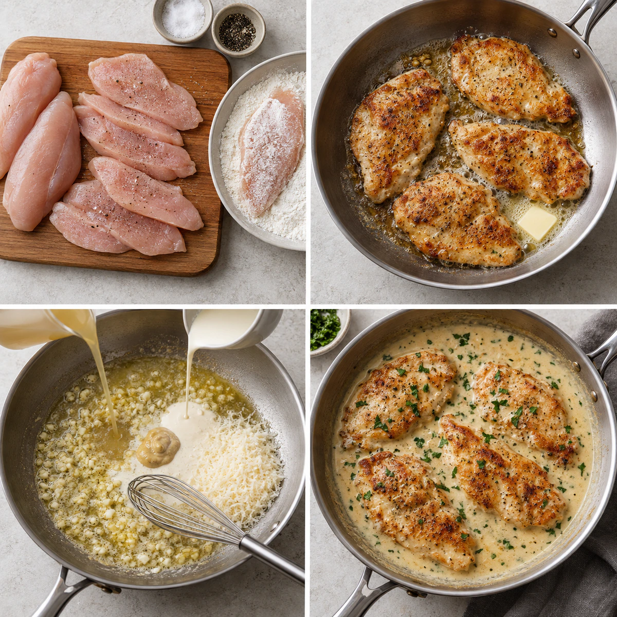 Four chronological preparation stages for Creamy Garlic Parmesan Chicken