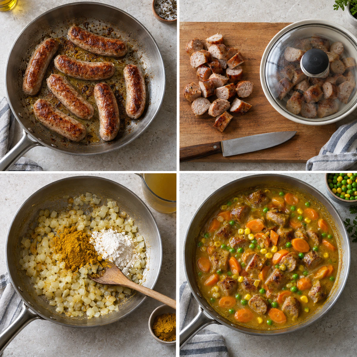 Four chronological preparation stages for Easy One-Pot Family Meal
