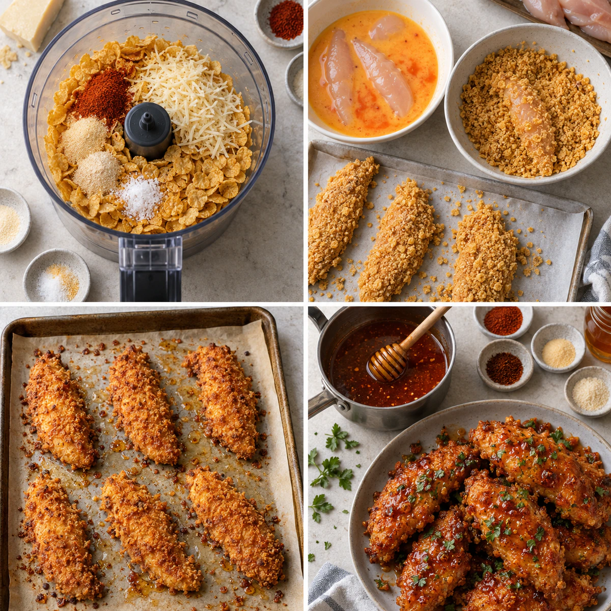 Four chronological preparation stages for Crispy Sweet Heat Chicken